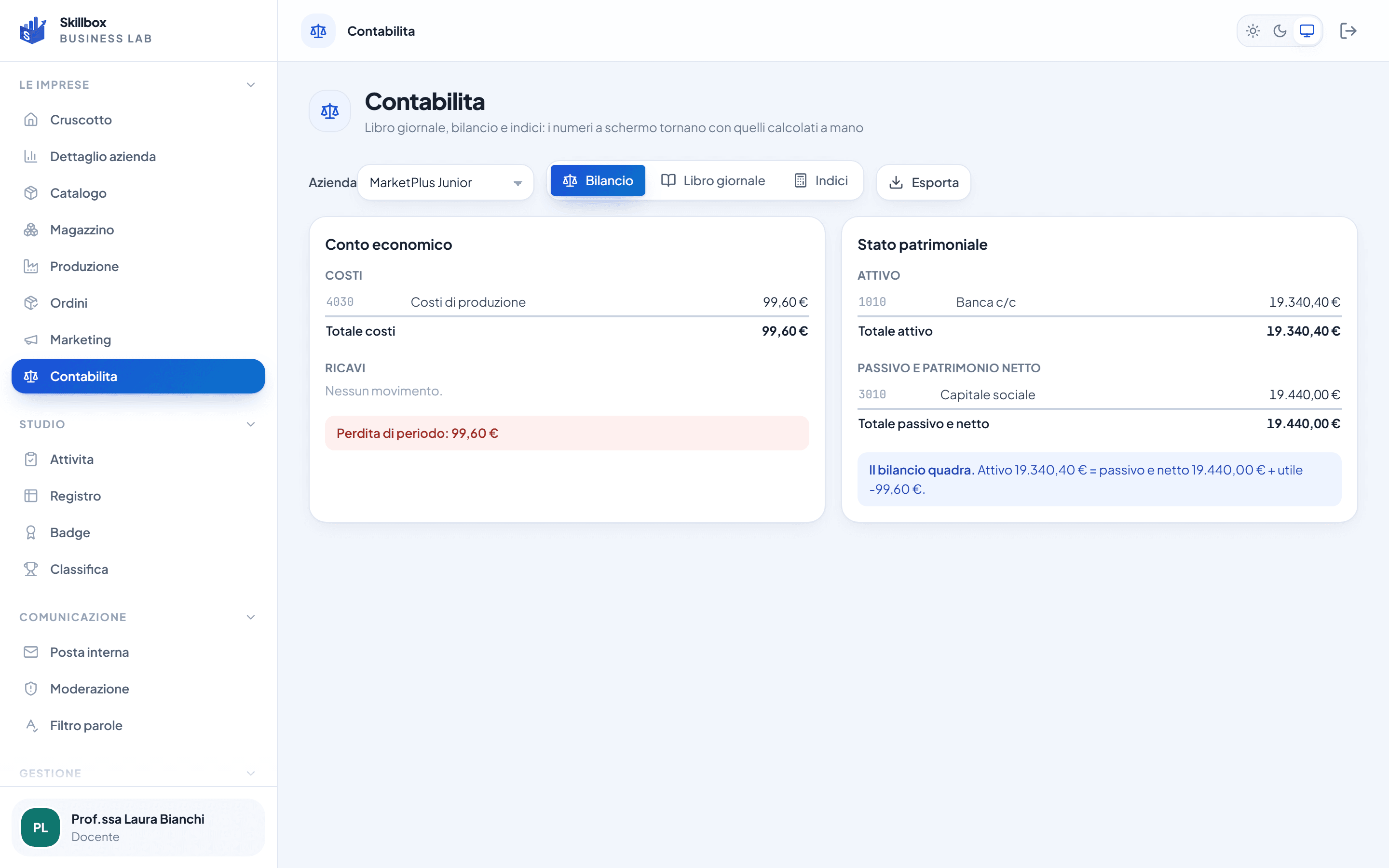 Contabilità di Skillbox: conto economico e stato patrimoniale generati dai fatti di gestione, con verifica di quadratura.