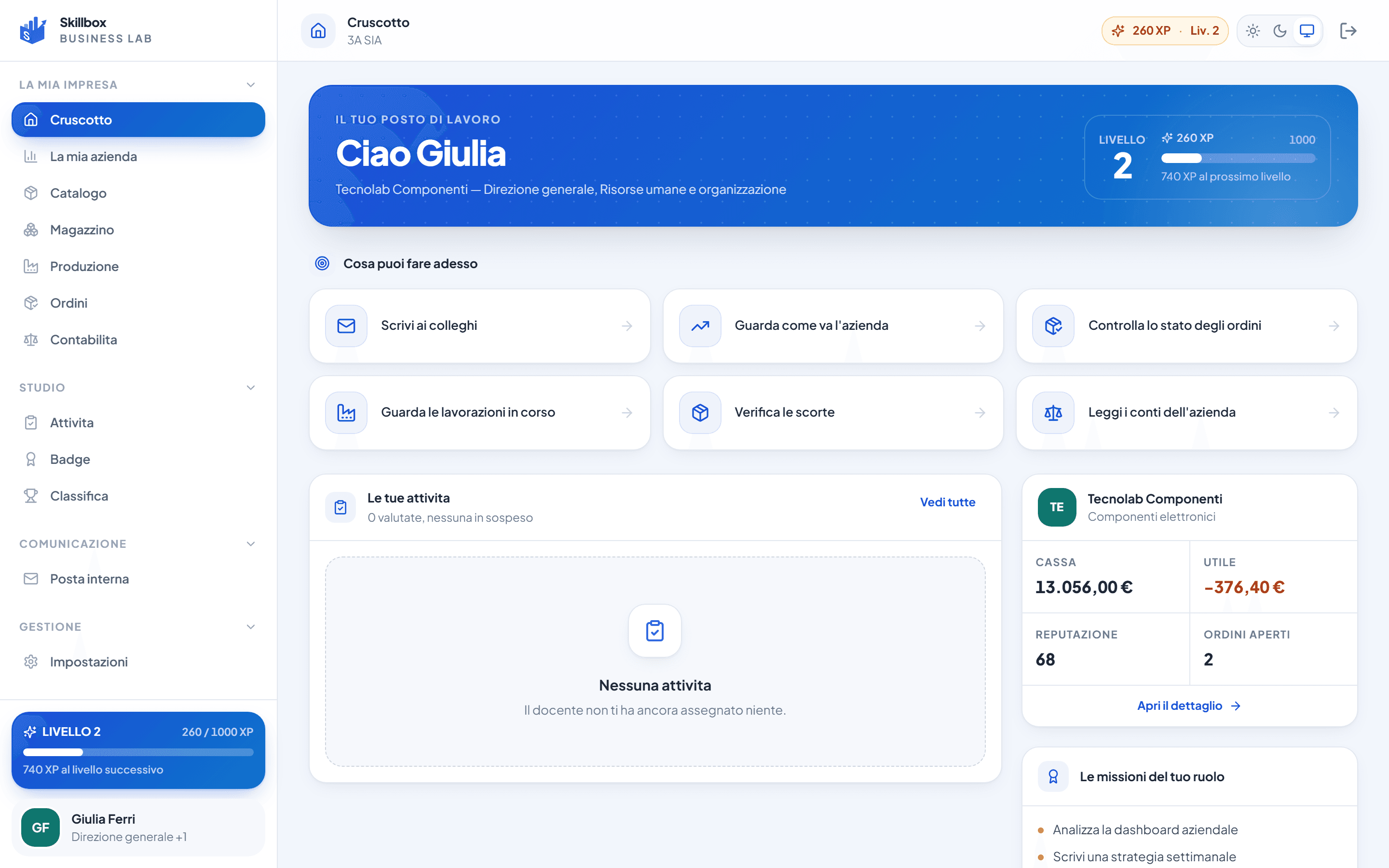 Cruscotto studente di Skillbox: ruolo aziendale, livello, punti esperienza, attività assegnate e stato dell'azienda.