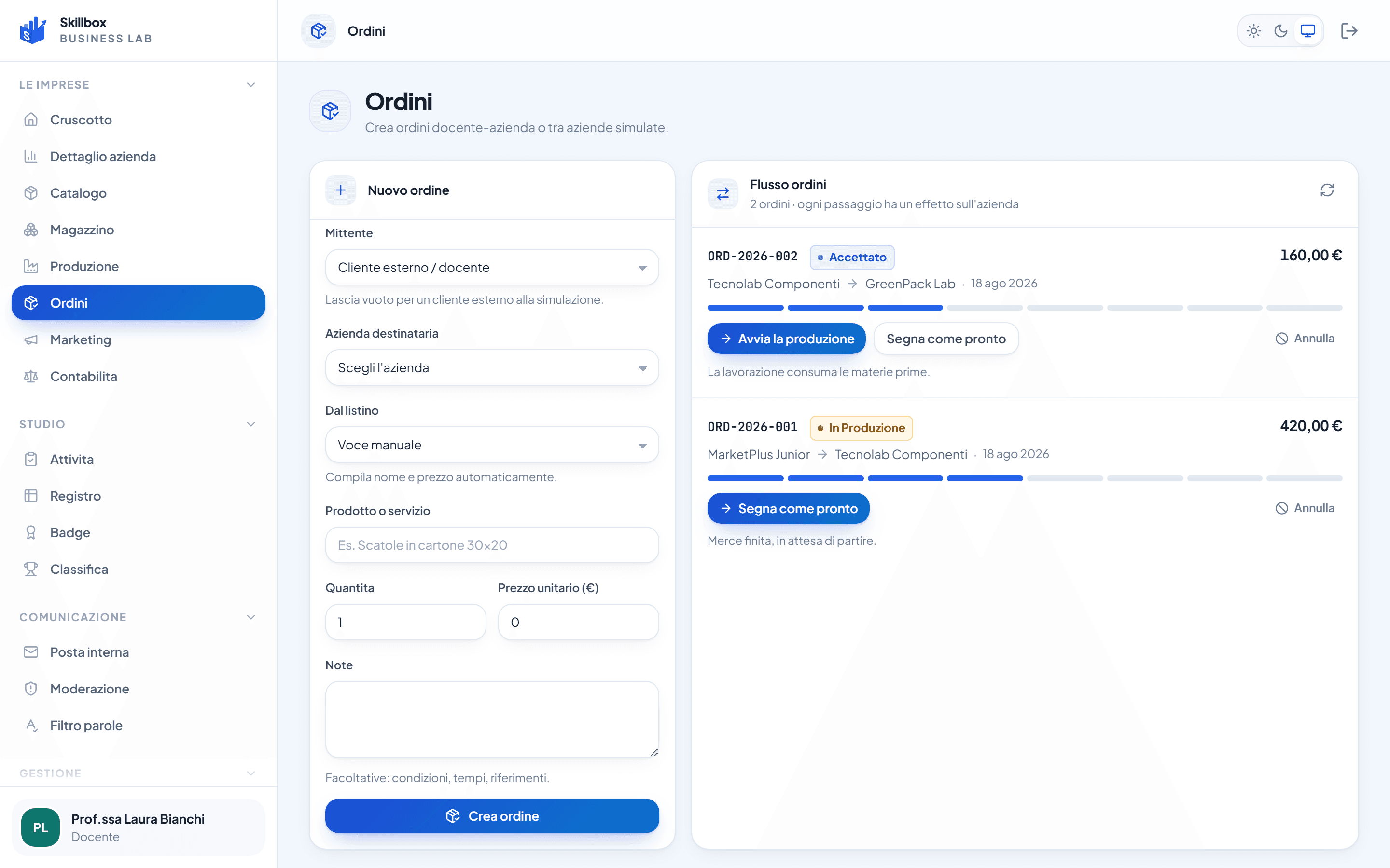 Ordini in Skillbox: stato di ogni ordine, dal ricevimento alla fatturazione.